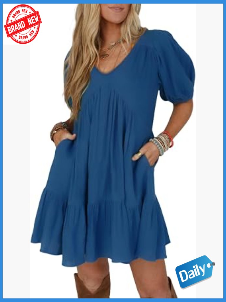 V Neck Short Sleeve A Line Mini Sundress Flowy Ruffle Tiered Beach Casual